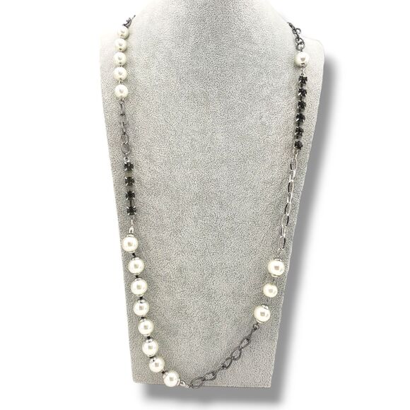 Chico's Gunmetal Gray Chain Faux Pearl Smoke Rhinestone Satellite Bead Necklace - Picture 1 of 8
